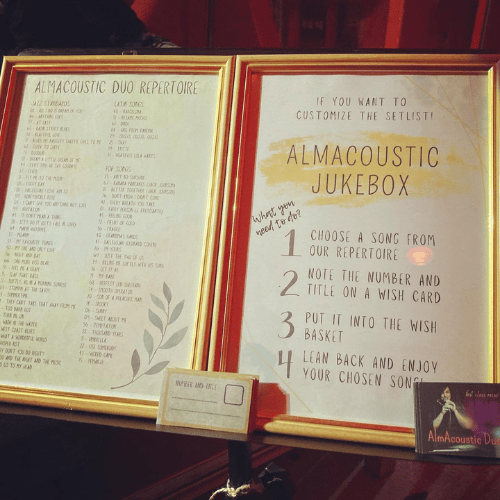 AlmAcoustic Jukebox számlista és angol felhívó szöveg